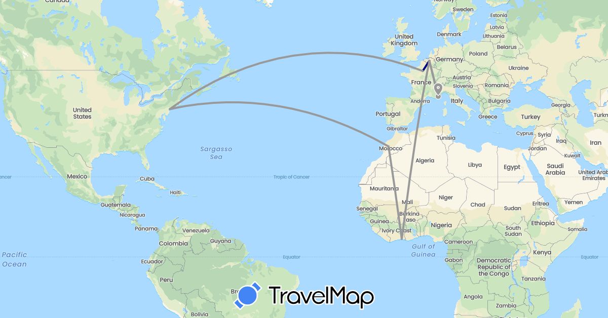 TravelMap itinerary: driving, plane in Belgium, Côte d'Ivoire, France, Morocco, United States (Africa, Europe, North America)